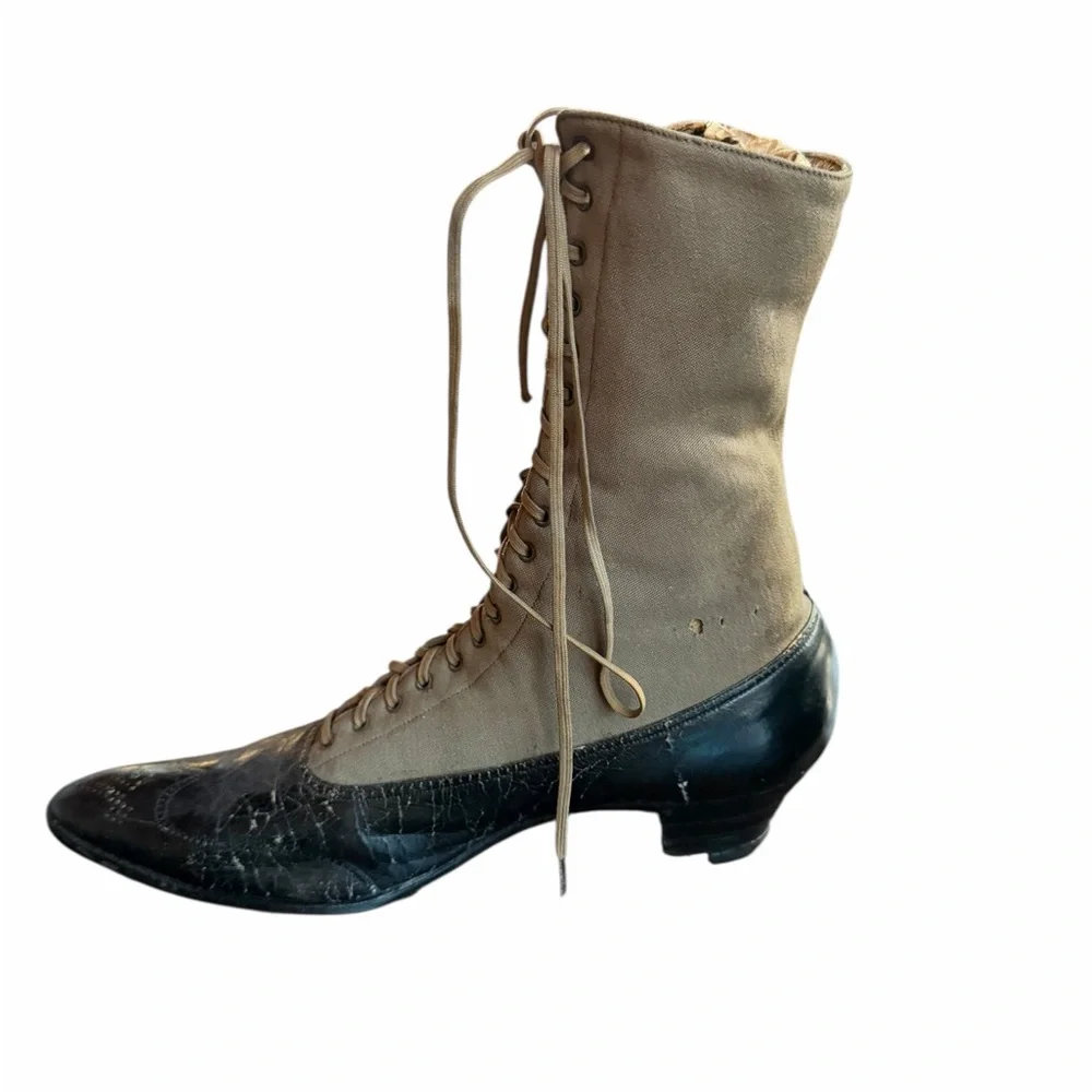 Late Victorian/Edwardian 1890-1910s High-Top Lace-Up Canvas‎ Upper Shaft Louis H